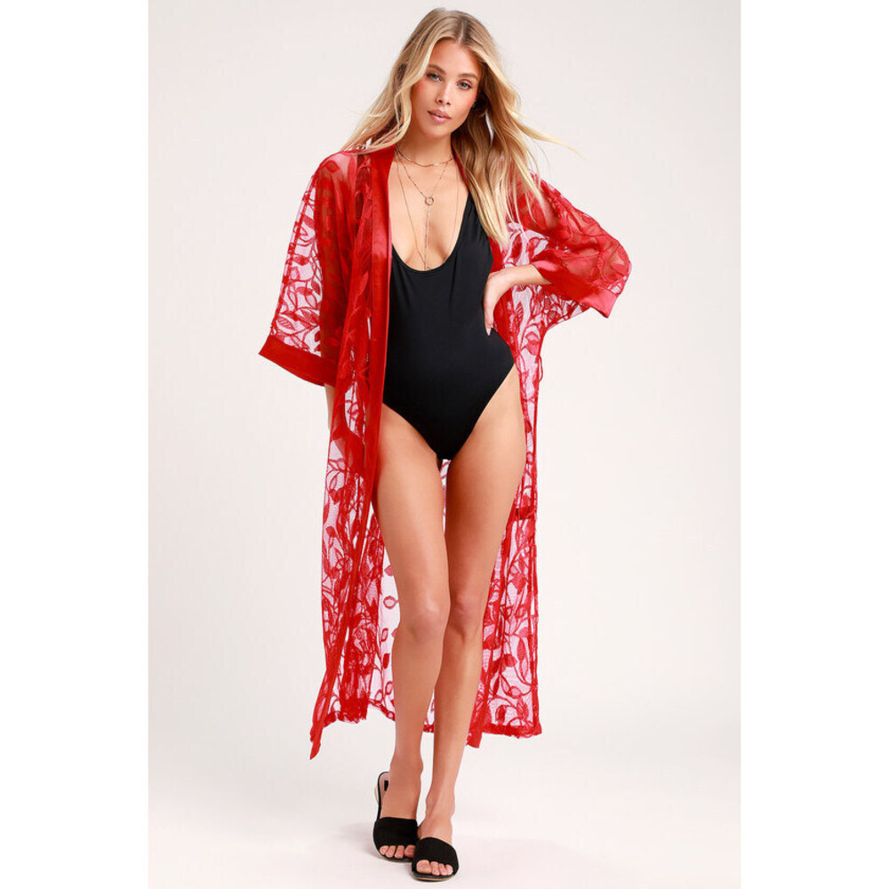 Lulus Real Life Fantasy Red Embroidered Mesh Swim Cover-up - Size M/L
